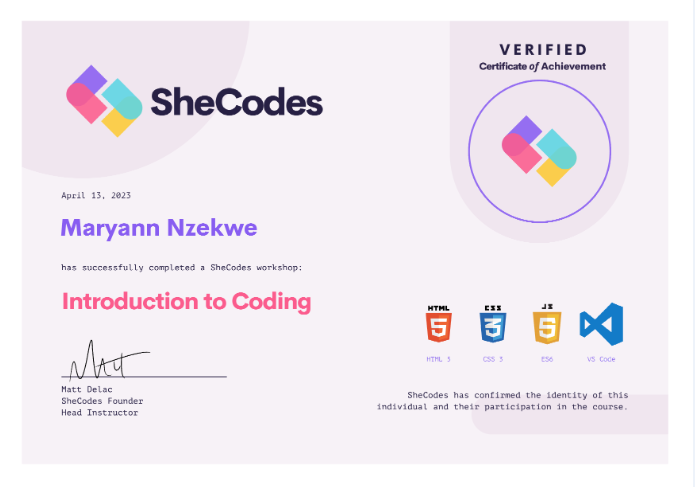 Maryann's SheCodes Basic certificate